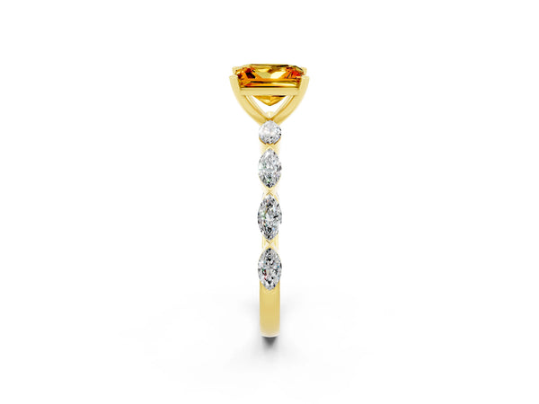 Yellow gold Princess Cut Citrine Ring with Marquise Side Stones and Prong Setting
