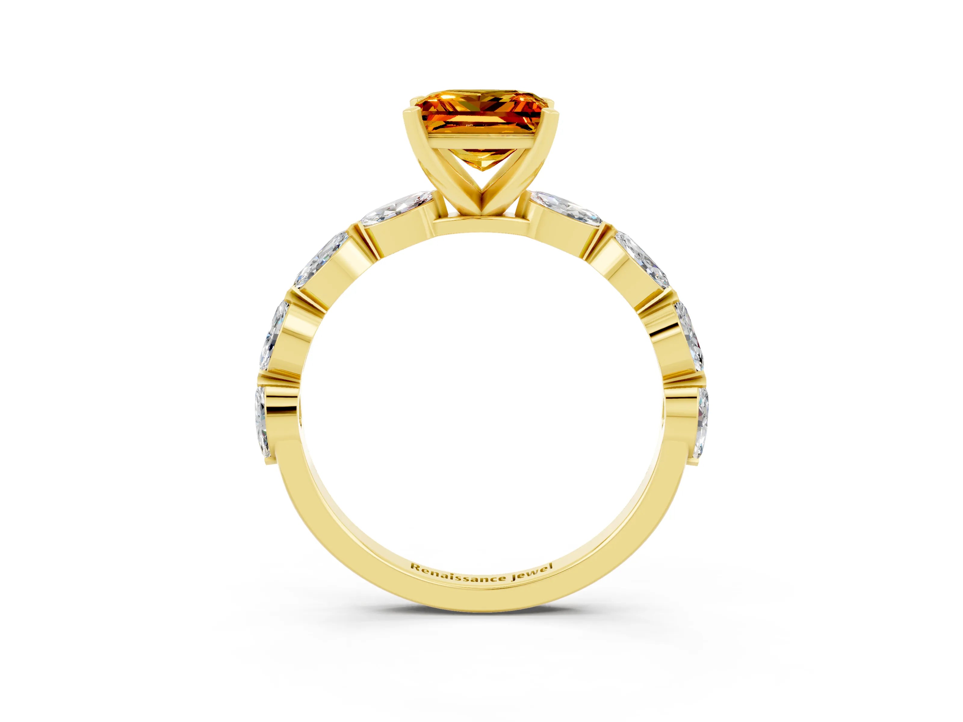 Yellow gold Princess Cut Citrine Ring with Marquise Side Stones and Prong Setting_3
