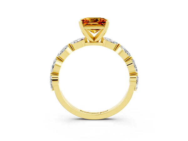 Yellow gold Princess Cut Citrine Ring with Marquise Side Stones and Prong Setting