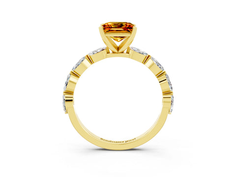 Yellow gold Princess Cut Citrine Ring with Marquise Side Stones and Prong Setting_3