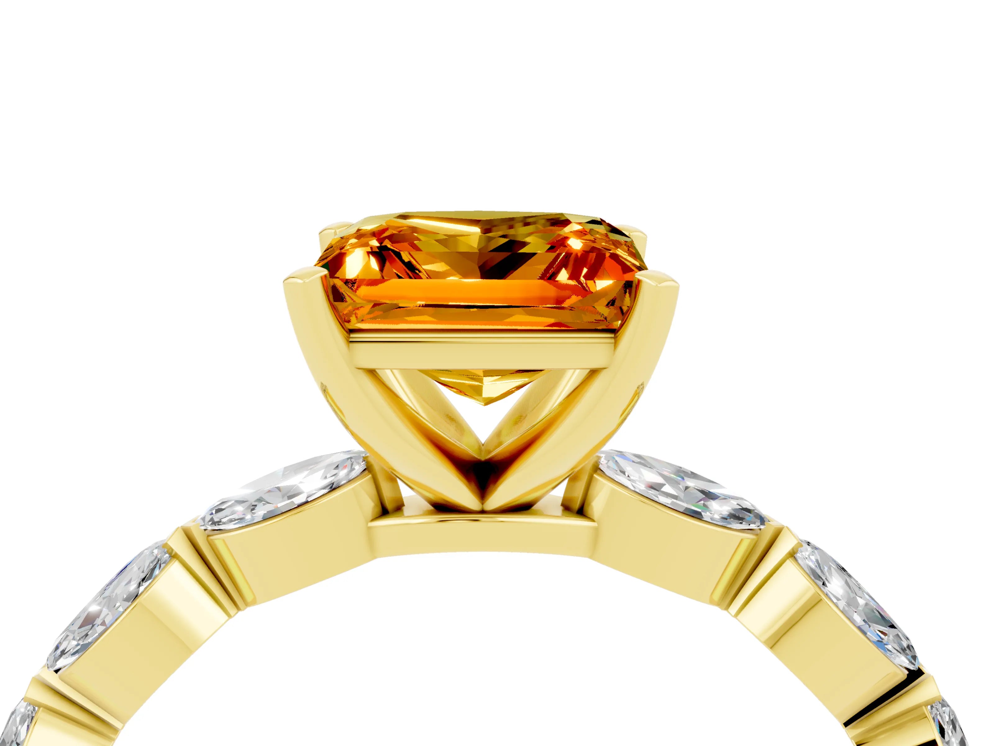 Yellow gold Princess Cut Citrine Ring with Marquise Side Stones and Prong Setting_4