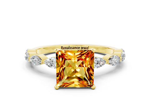 Yellow gold Princess Cut Citrine Ring with Marquise Side Stones and Prong Setting