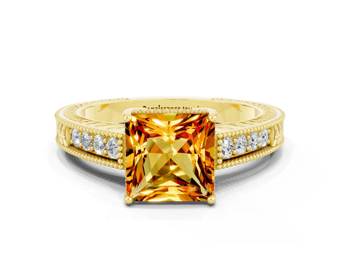 Yellow gold Princess Cut Citrine Ring with Milgrain Pavé Band and Four-Prong Setting_12