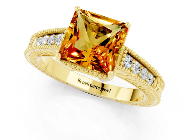 Yellow gold Princess Cut Citrine Ring with Milgrain Pavé Band and Four-Prong Setting