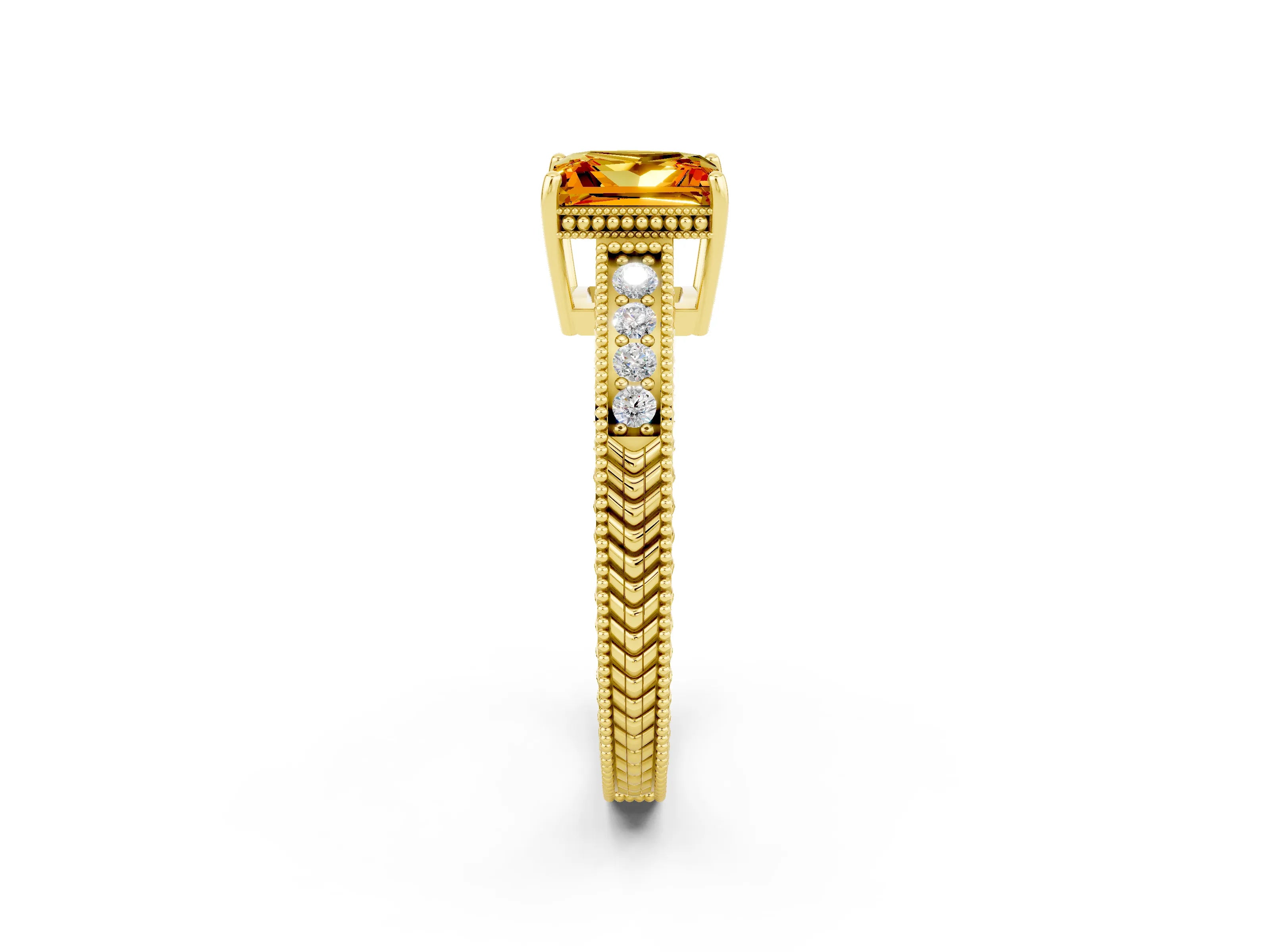 Yellow gold Princess Cut Citrine Ring with Milgrain Pavé Band and Four-Prong Setting_14