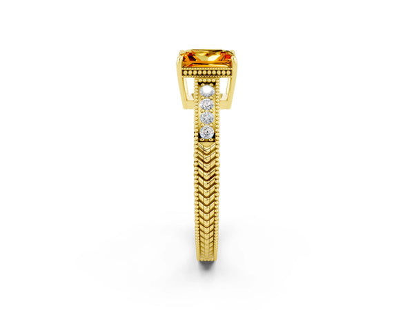 Yellow gold Princess Cut Citrine Ring with Milgrain Pavé Band and Four-Prong Setting