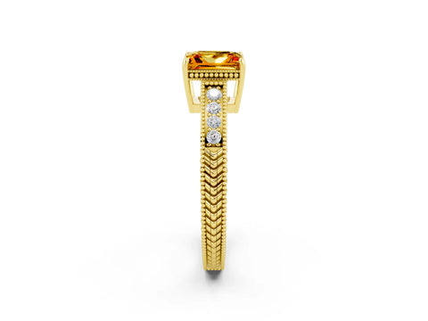 Yellow gold Princess Cut Citrine Ring with Milgrain Pavé Band and Four-Prong Setting_14