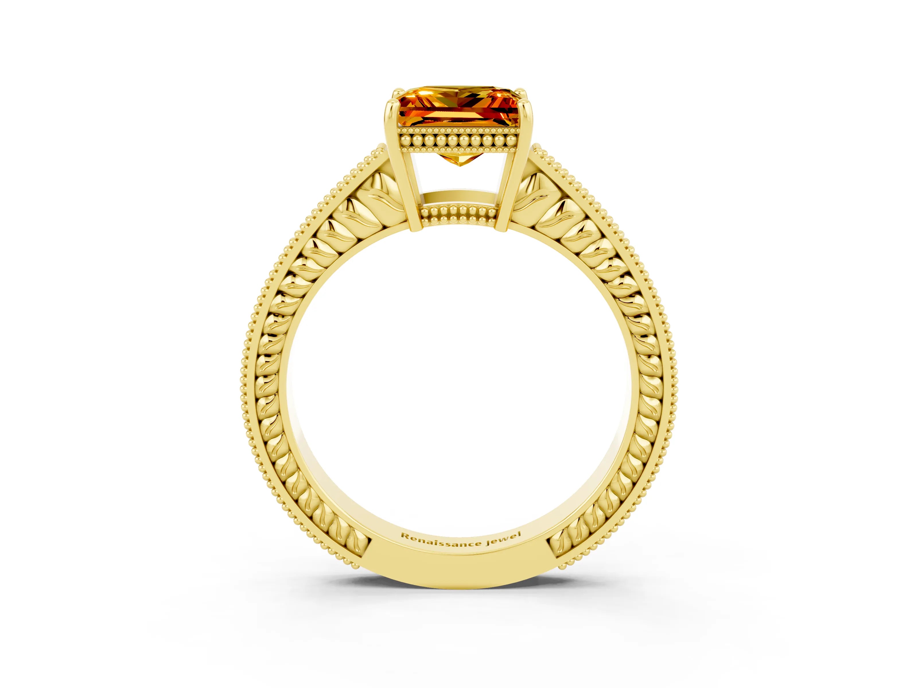 Yellow gold Princess Cut Citrine Ring with Milgrain Pavé Band and Four-Prong Setting_15