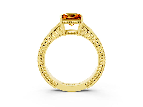 Yellow gold Princess Cut Citrine Ring with Milgrain Pavé Band and Four-Prong Setting