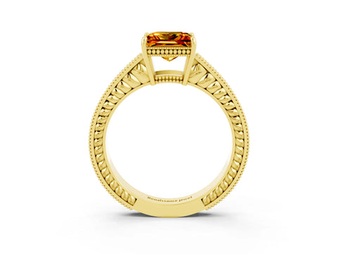 Yellow gold Princess Cut Citrine Ring with Milgrain Pavé Band and Four-Prong Setting_15