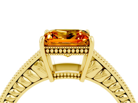 Yellow gold Princess Cut Citrine Ring with Milgrain Pavé Band and Four-Prong Setting_16
