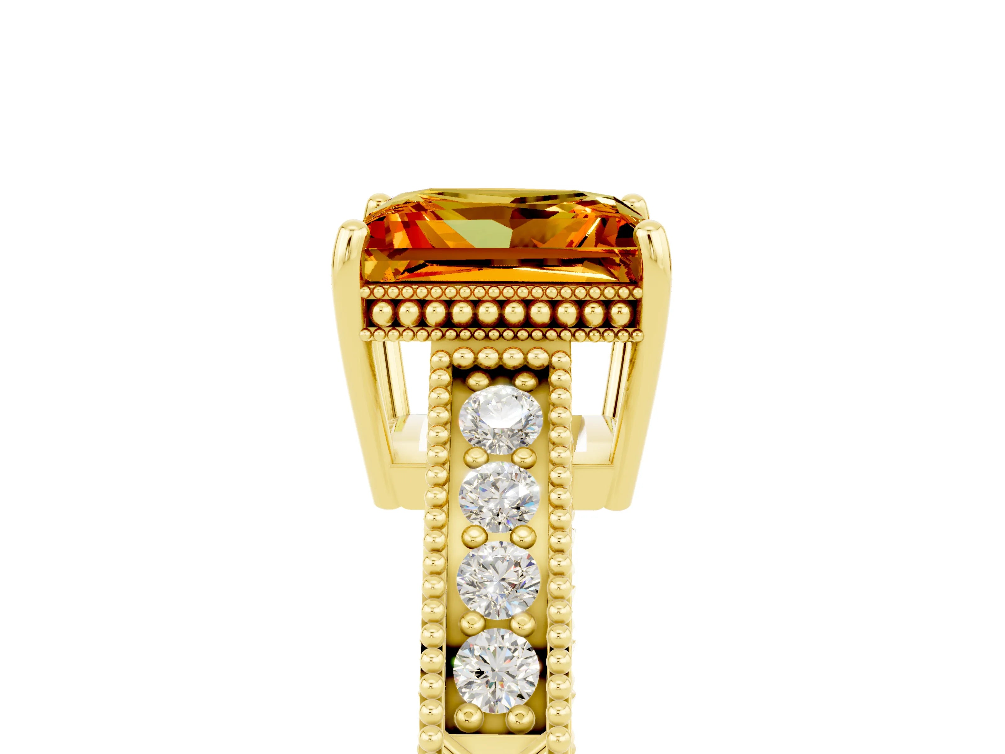 Yellow gold Princess Cut Citrine Ring with Milgrain Pavé Band and Four-Prong Setting_17