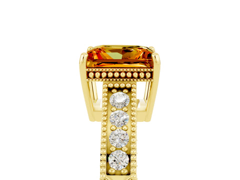 Yellow gold Princess Cut Citrine Ring with Milgrain Pavé Band and Four-Prong Setting_17