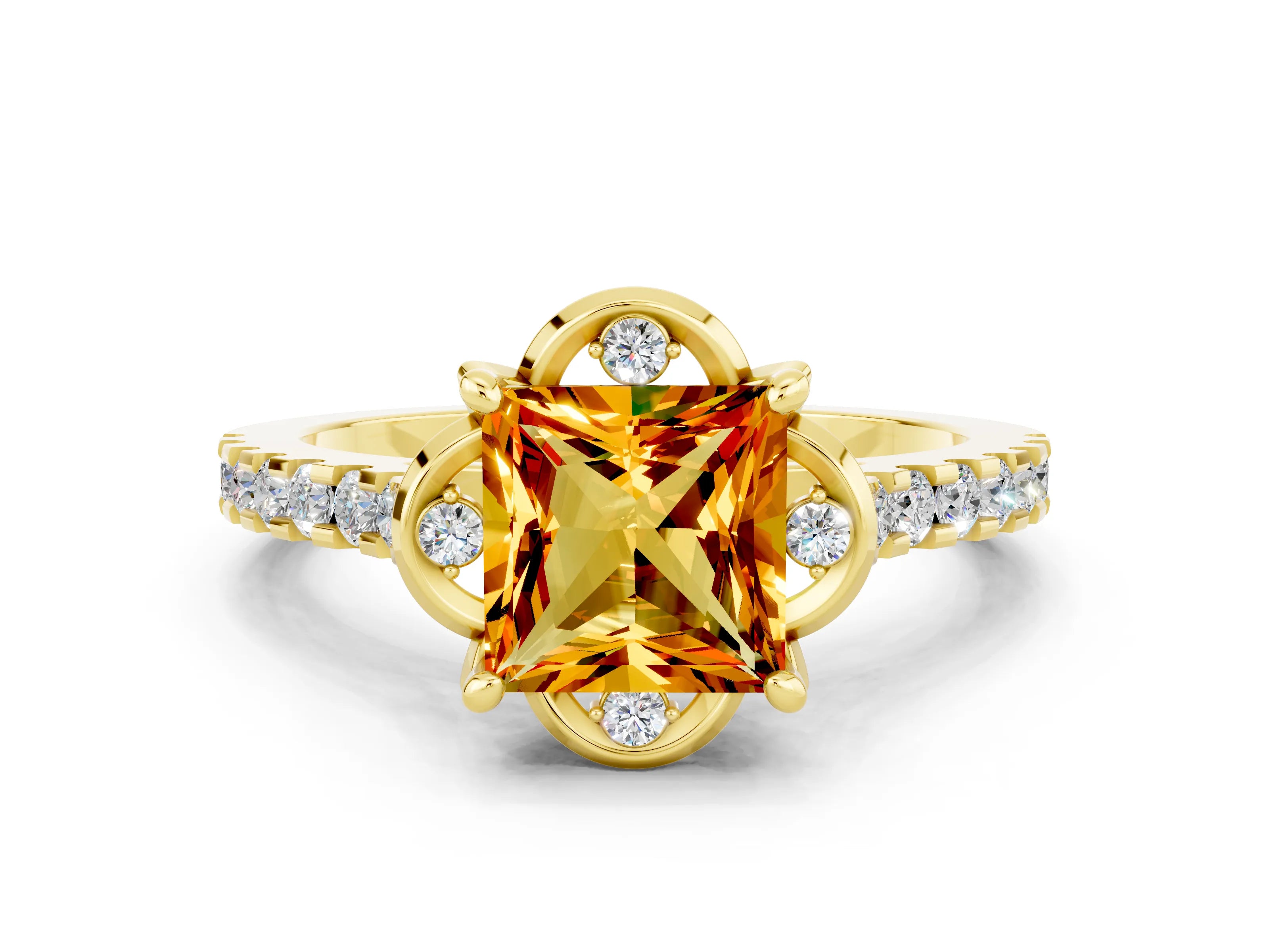 Yellow gold Princess Cut Citrine Ring with Pavé Band and Floral Prong Setting