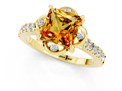 Yellow gold Princess Cut Citrine Ring with Pavé Band and Floral Prong Setting_1