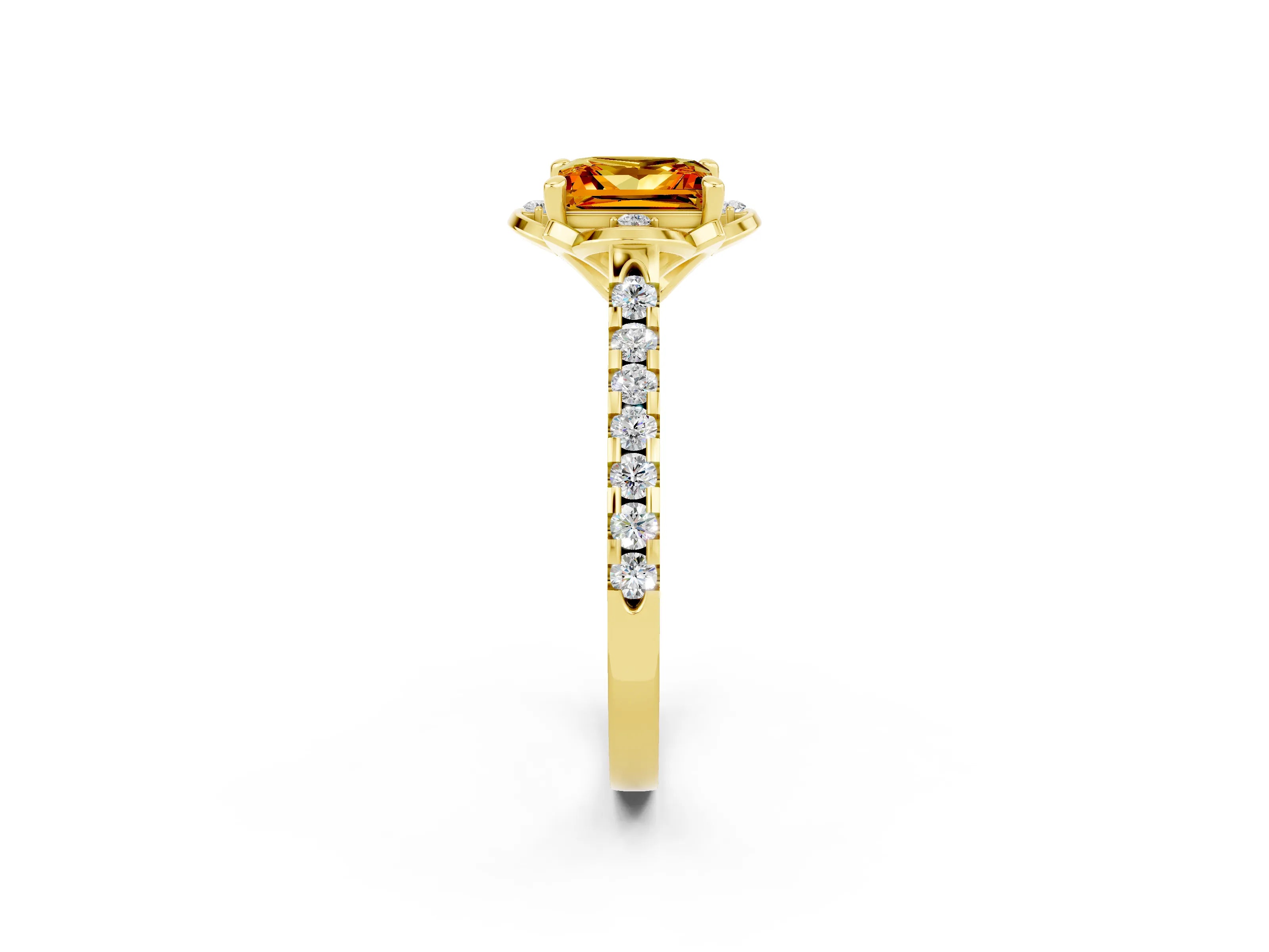 Yellow gold Princess Cut Citrine Ring with Pavé Band and Floral Prong Setting_2