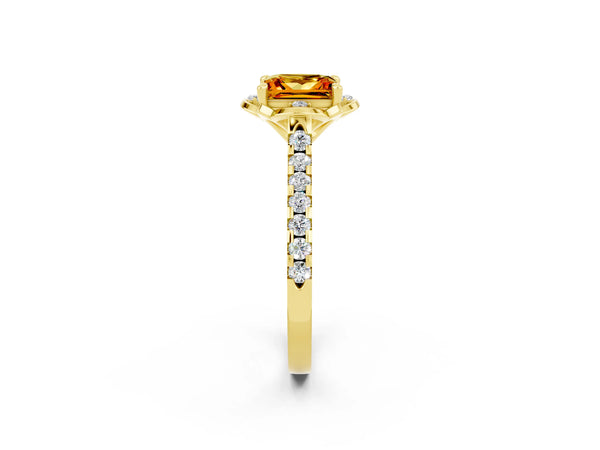 Yellow gold Princess Cut Citrine Ring with Pavé Band and Floral Prong Setting
