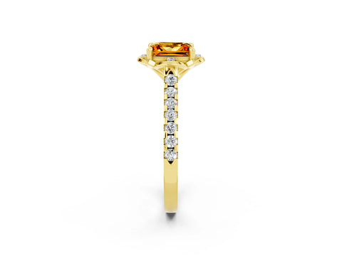 Yellow gold Princess Cut Citrine Ring with Pavé Band and Floral Prong Setting_2