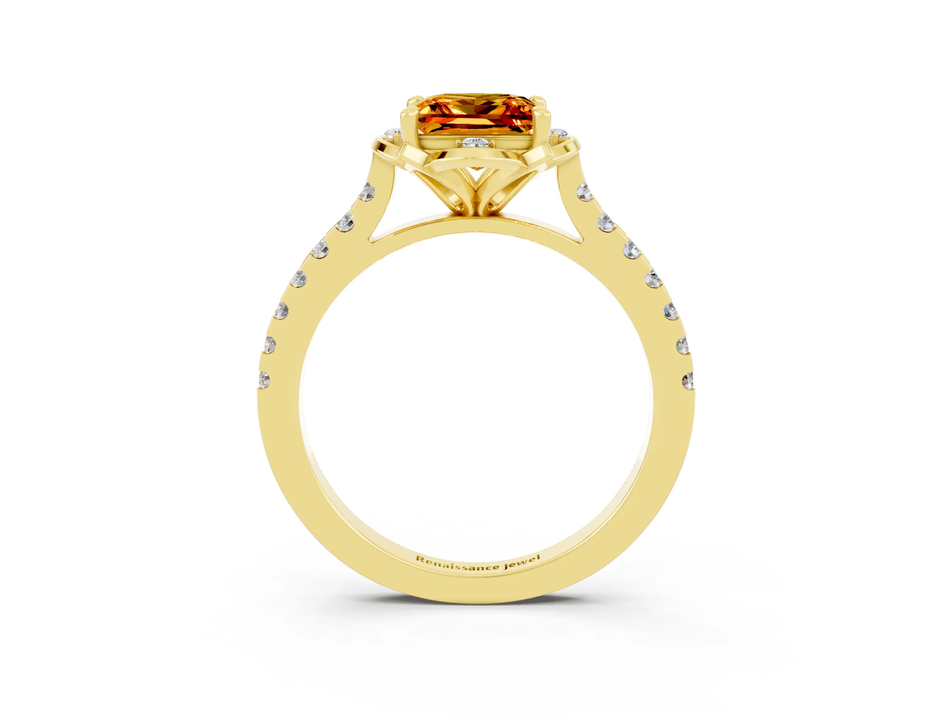Yellow gold Princess Cut Citrine Ring with Pavé Band and Floral Prong Setting_3