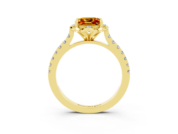 Yellow gold Princess Cut Citrine Ring with Pavé Band and Floral Prong Setting