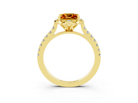 Yellow gold Princess Cut Citrine Ring with Pavé Band and Floral Prong Setting_3