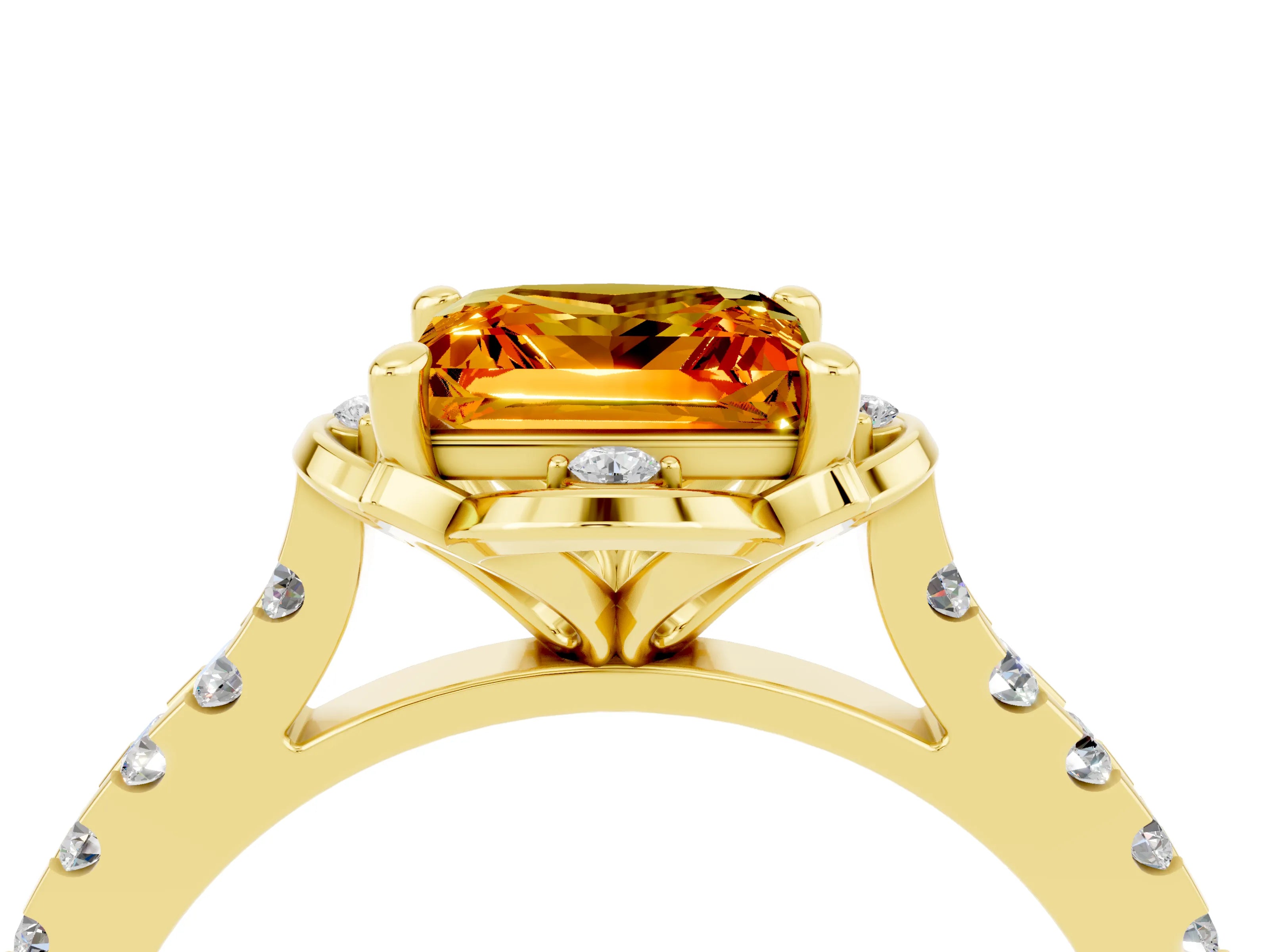 Yellow gold Princess Cut Citrine Ring with Pavé Band and Floral Prong Setting_4