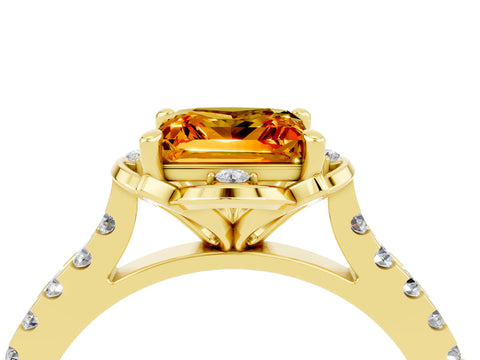 Yellow gold Princess Cut Citrine Ring with Pavé Band and Floral Prong Setting_4