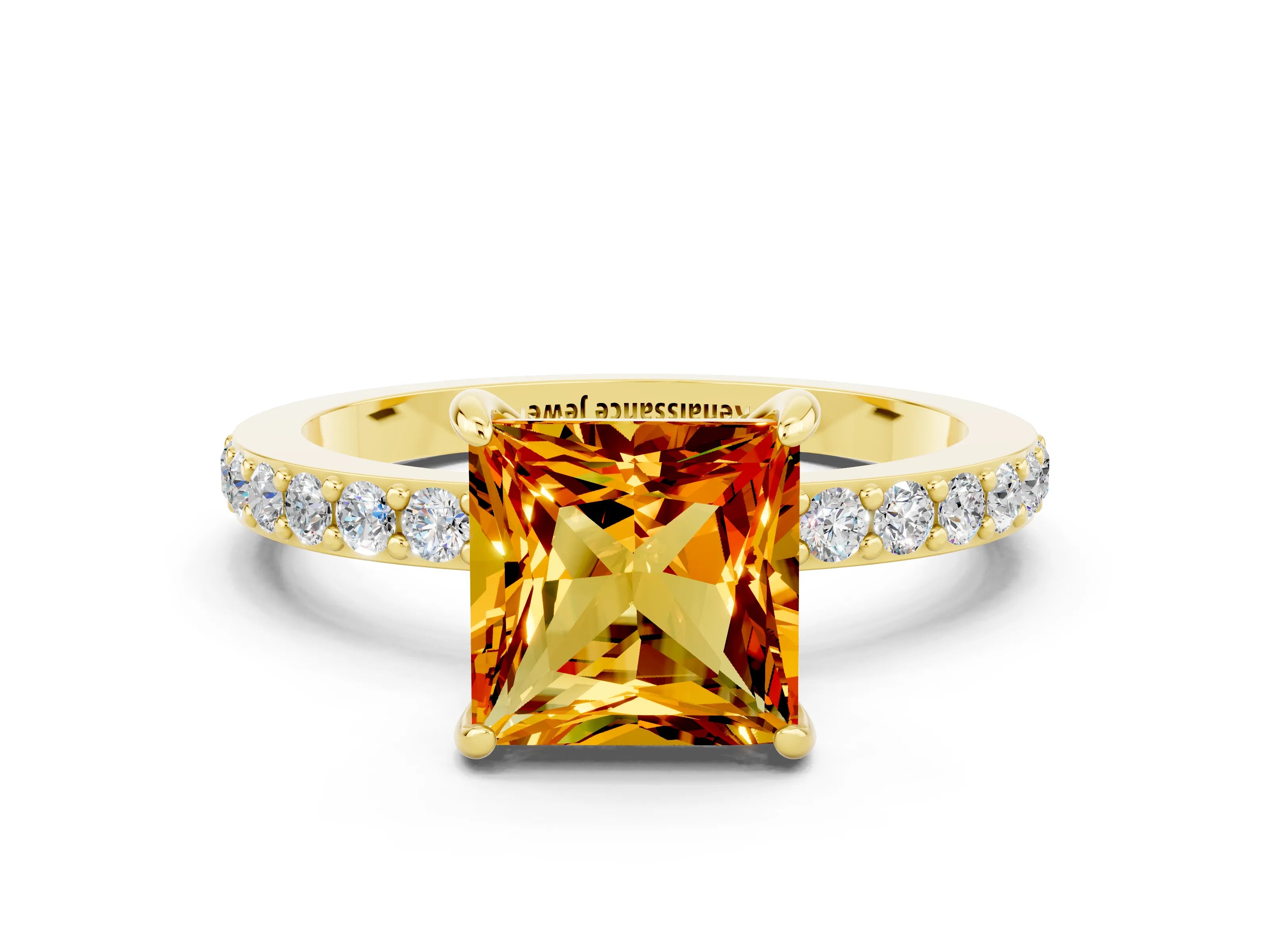 Yellow gold Princess Cut Citrine Ring with Pavé Band and Four-Prong Setting