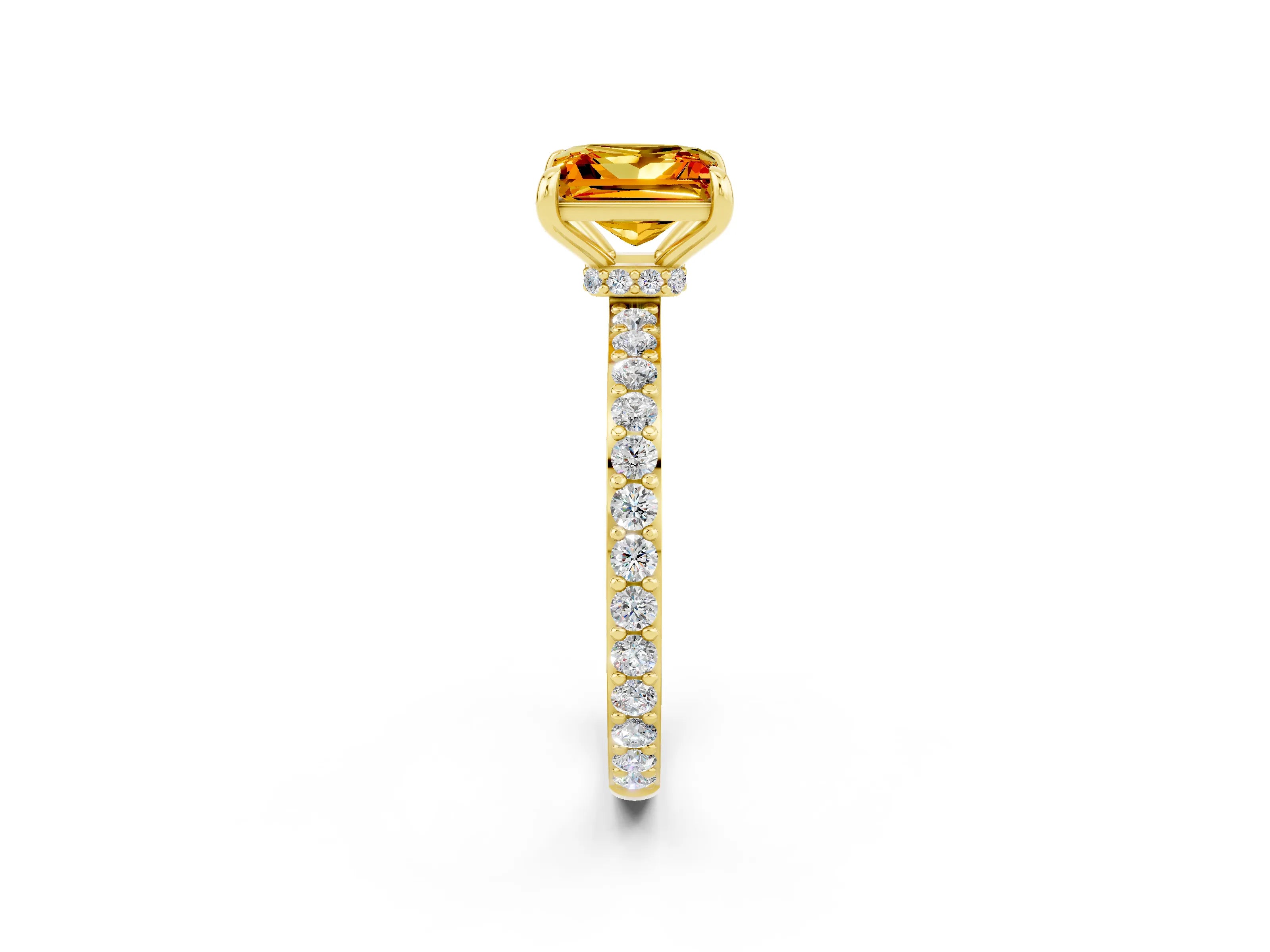 Yellow gold Princess Cut Citrine Ring with Pavé Band and Four-Prong Setting_2