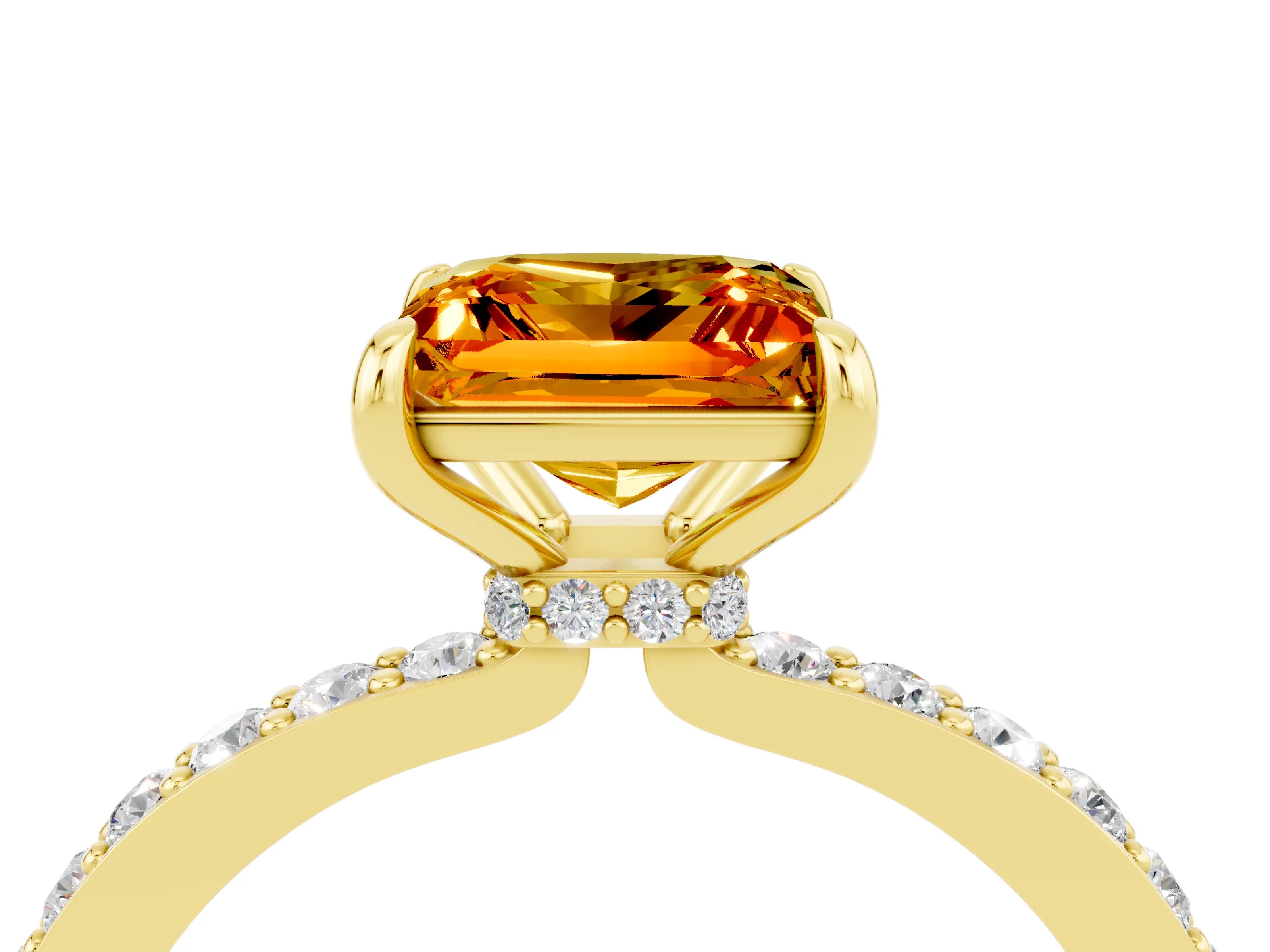 Yellow gold Princess Cut Citrine Ring with Pavé Band and Four-Prong Setting_4