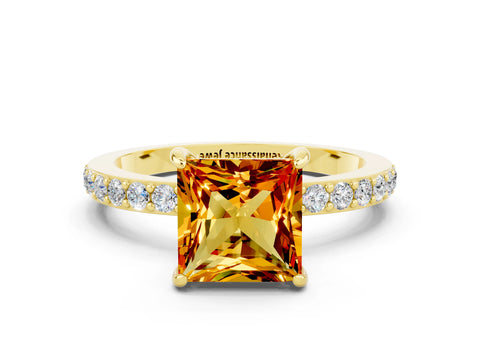 Yellow gold Princess Cut Citrine Ring with Pavé Band and Four-Prong Setting