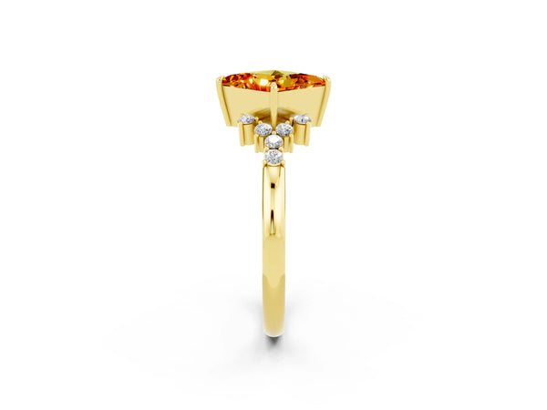 Yellow gold Princess Cut Citrine Ring with Side Stones and Four-Prong Setting