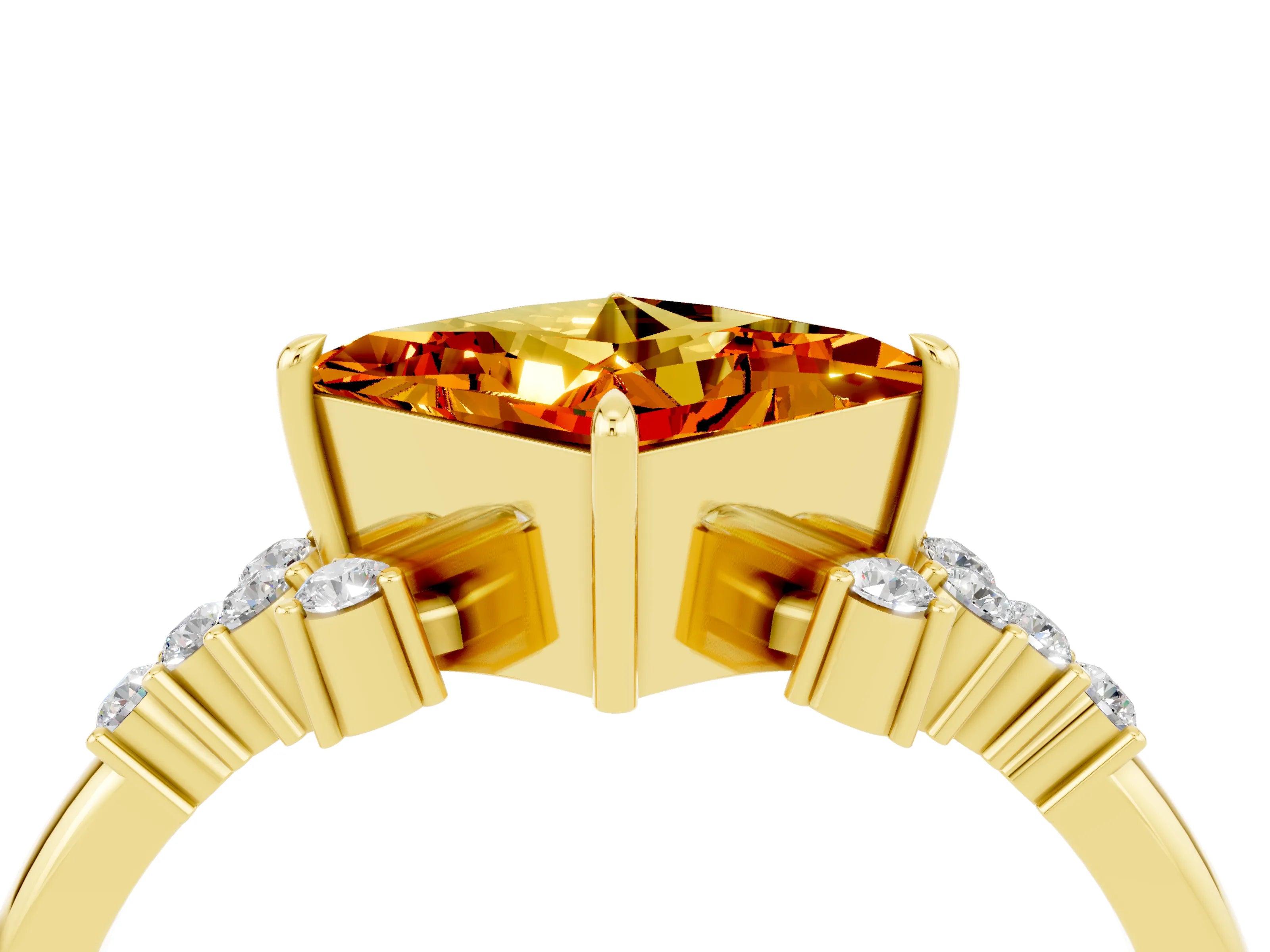 Yellow gold Princess Cut Citrine Ring with Side Stones and Four-Prong Setting_40