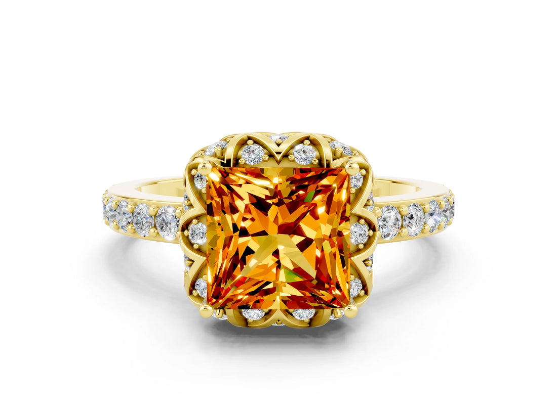 Yellow gold Princess Cut Citrine Scalloped Halo Engagement Ring with Round Shared Prong Band_12