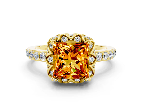 Yellow gold Princess Cut Citrine Scalloped Halo Engagement Ring with Round Shared Prong Band