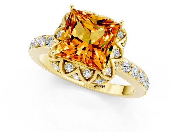 Yellow gold Princess Cut Citrine Scalloped Halo Engagement Ring with Round Shared Prong Band