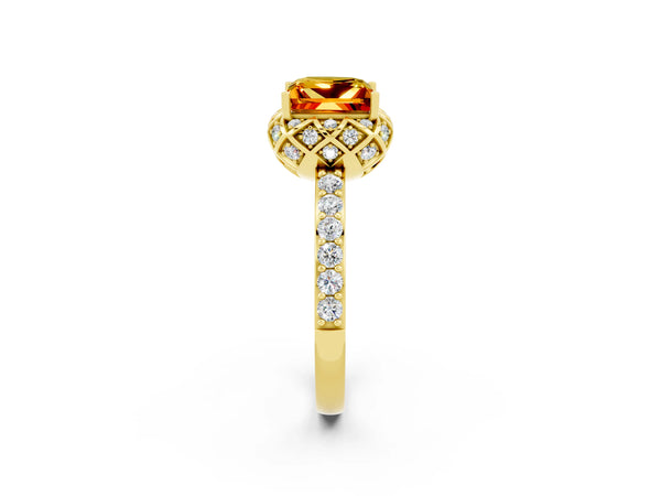 Yellow gold Princess Cut Citrine Scalloped Halo Engagement Ring with Round Shared Prong Band