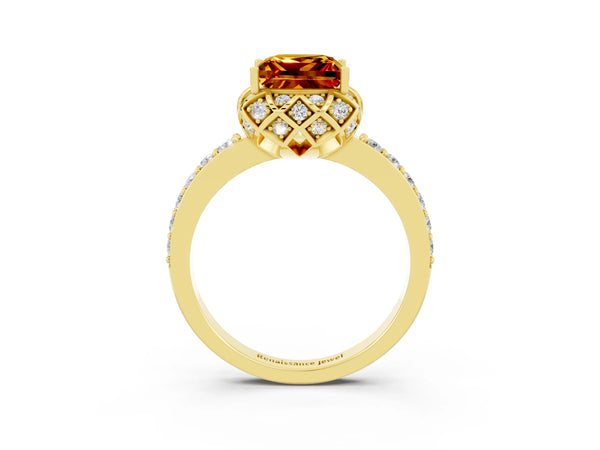 Yellow gold Princess Cut Citrine Scalloped Halo Engagement Ring with Round Shared Prong Band