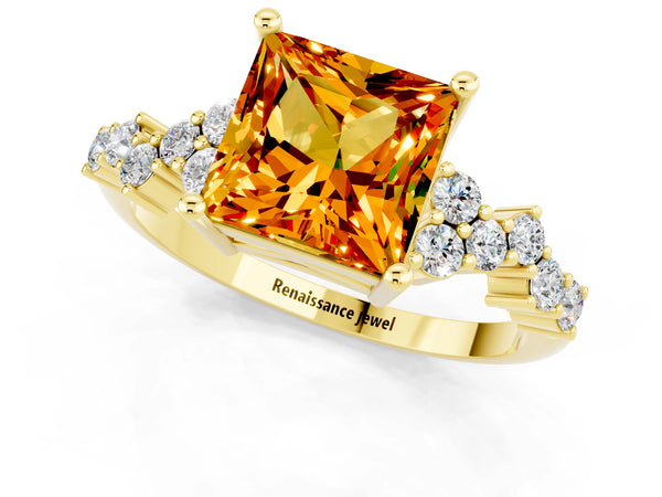 Yellow gold Princess Cut Citrine Scattered Round Accent Ring with Prong Setting