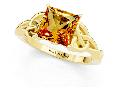 Yellow gold Princess Cut Citrine Solitaire Celtic Knot Ring with Four-Prong Setting_13
