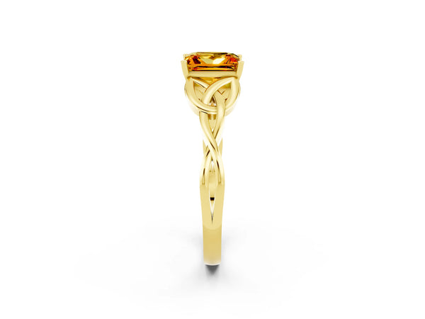 Yellow gold Princess Cut Citrine Solitaire Celtic Knot Ring with Four-Prong Setting
