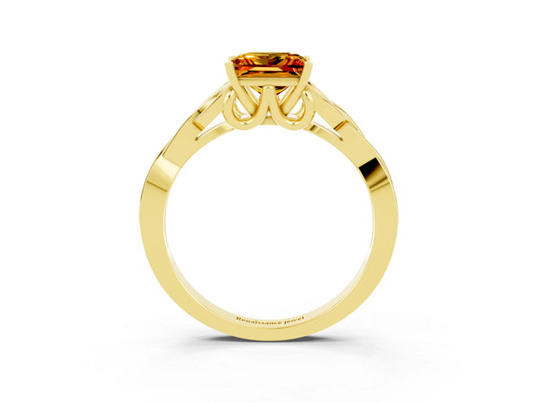 Yellow gold Princess Cut Citrine Solitaire Celtic Knot Ring with Four-Prong Setting