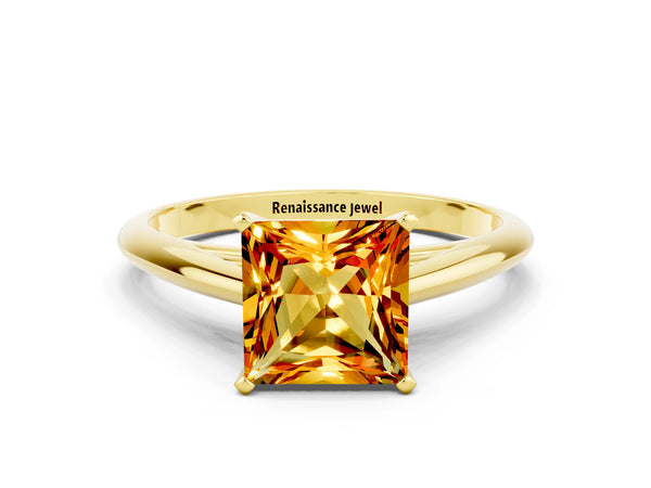 Yellow gold Princess Cut Citrine Solitaire Engagement Ring with Cathedral Setting and Four-Prong Mount