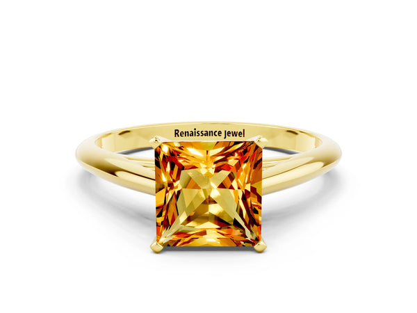 Yellow gold Princess Cut Citrine Solitaire Engagement Ring with Cathedral Setting and Four-Prong Mount
