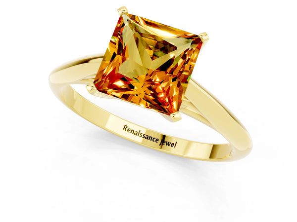 Yellow gold Princess Cut Citrine Solitaire Engagement Ring with Cathedral Setting and Four-Prong Mount