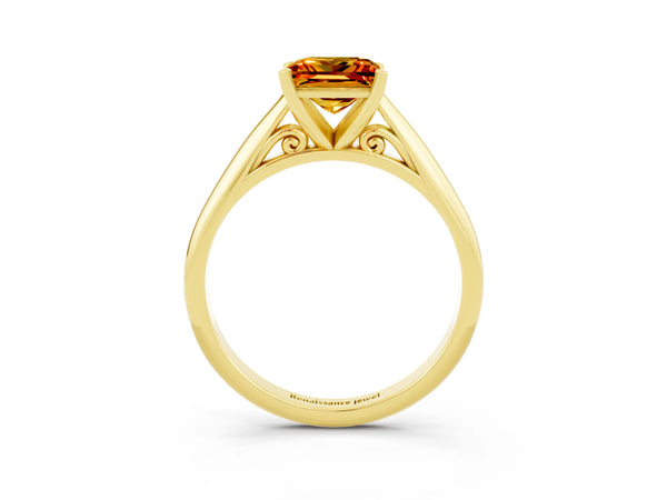 Yellow gold Princess Cut Citrine Solitaire Engagement Ring with Cathedral Setting and Four-Prong Mount