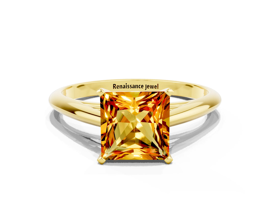 Yellow gold Princess Cut Citrine Solitaire Engagement Ring with Cathedral Setting and Four-Prong Mount_66
