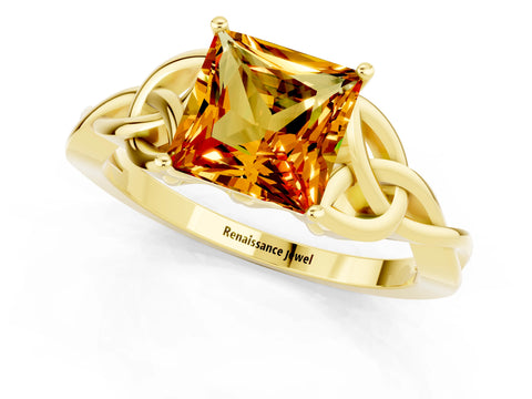 Yellow gold Princess Cut Citrine Solitaire Engagement Ring with Celtic Knot Band and Four-Prong Setting_1