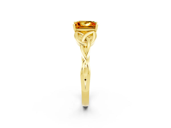 Yellow gold Princess Cut Citrine Solitaire Engagement Ring with Celtic Knot Band and Four-Prong Setting