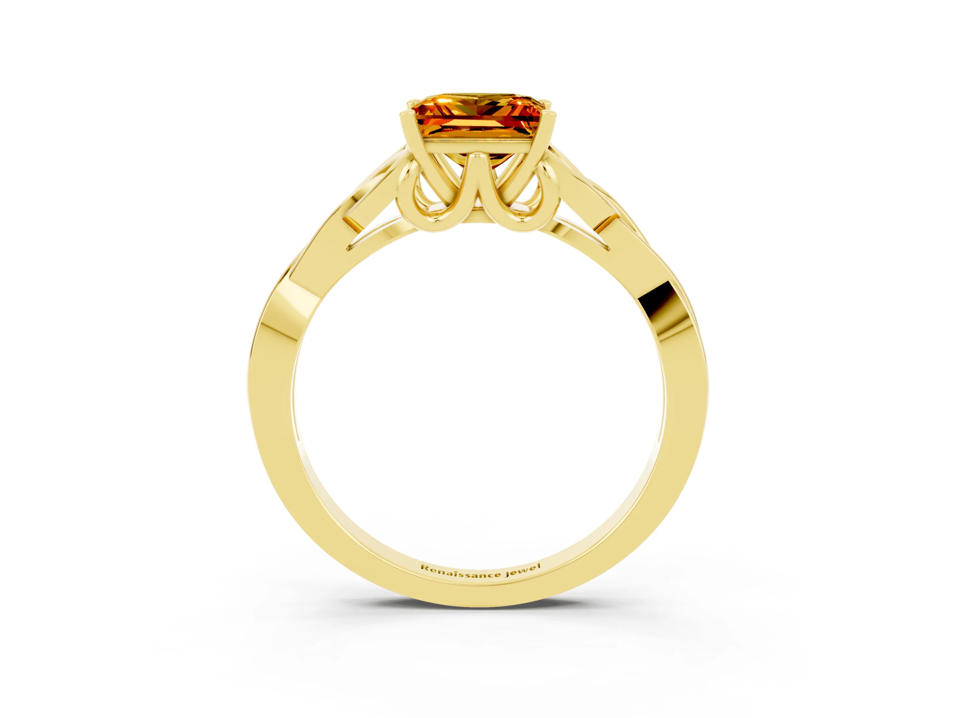 Yellow gold Princess Cut Citrine Solitaire Engagement Ring with Celtic Knot Band and Four-Prong Setting_3